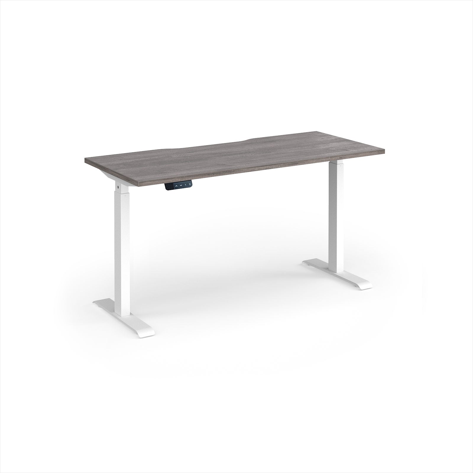 A modern height-adjustable desk with a grey wood-grain top and white metal legs, shown on a clean white background.