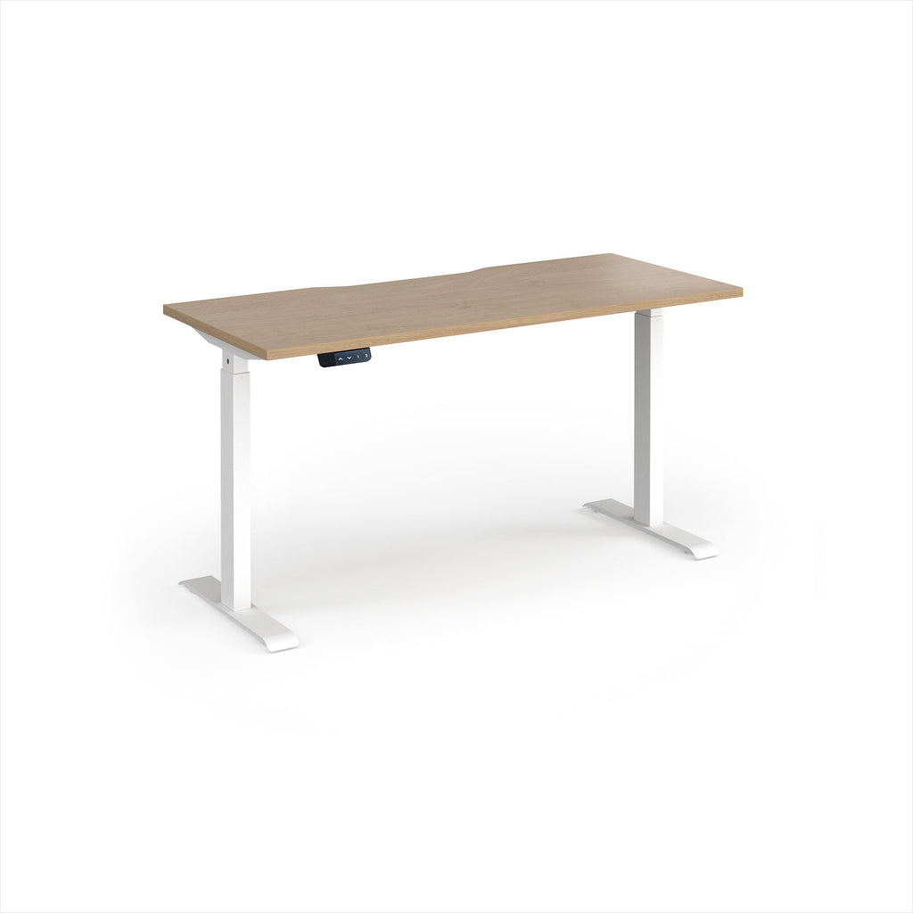 A modern height-adjustable desk with a light oak wood-grain top and white metal legs, shown on a clean white background.