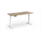 A modern height-adjustable desk with a light oak wood-grain top and white metal legs, shown on a clean white background.