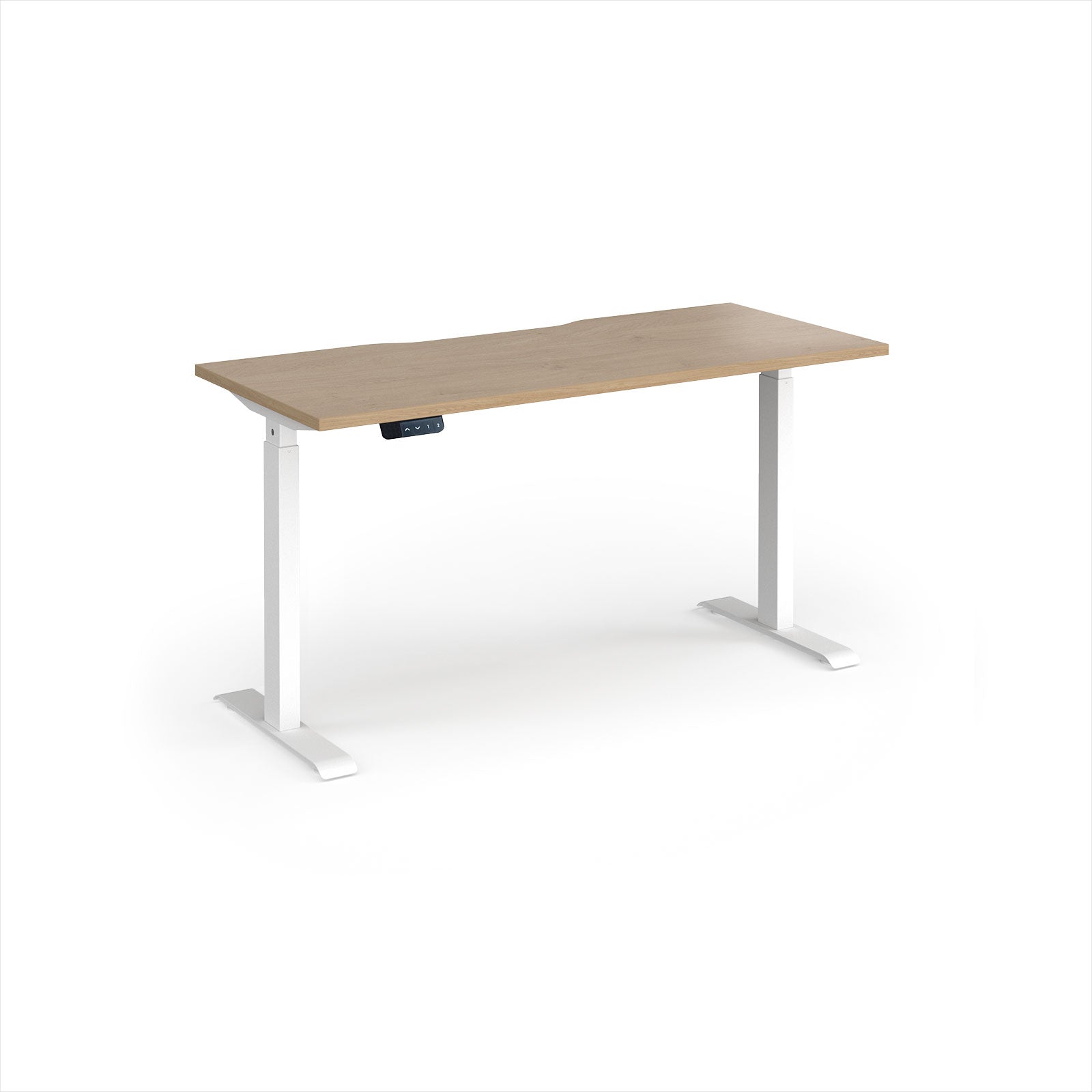 A modern height-adjustable desk with a light oak wood-grain top and white metal legs, shown on a clean white background.