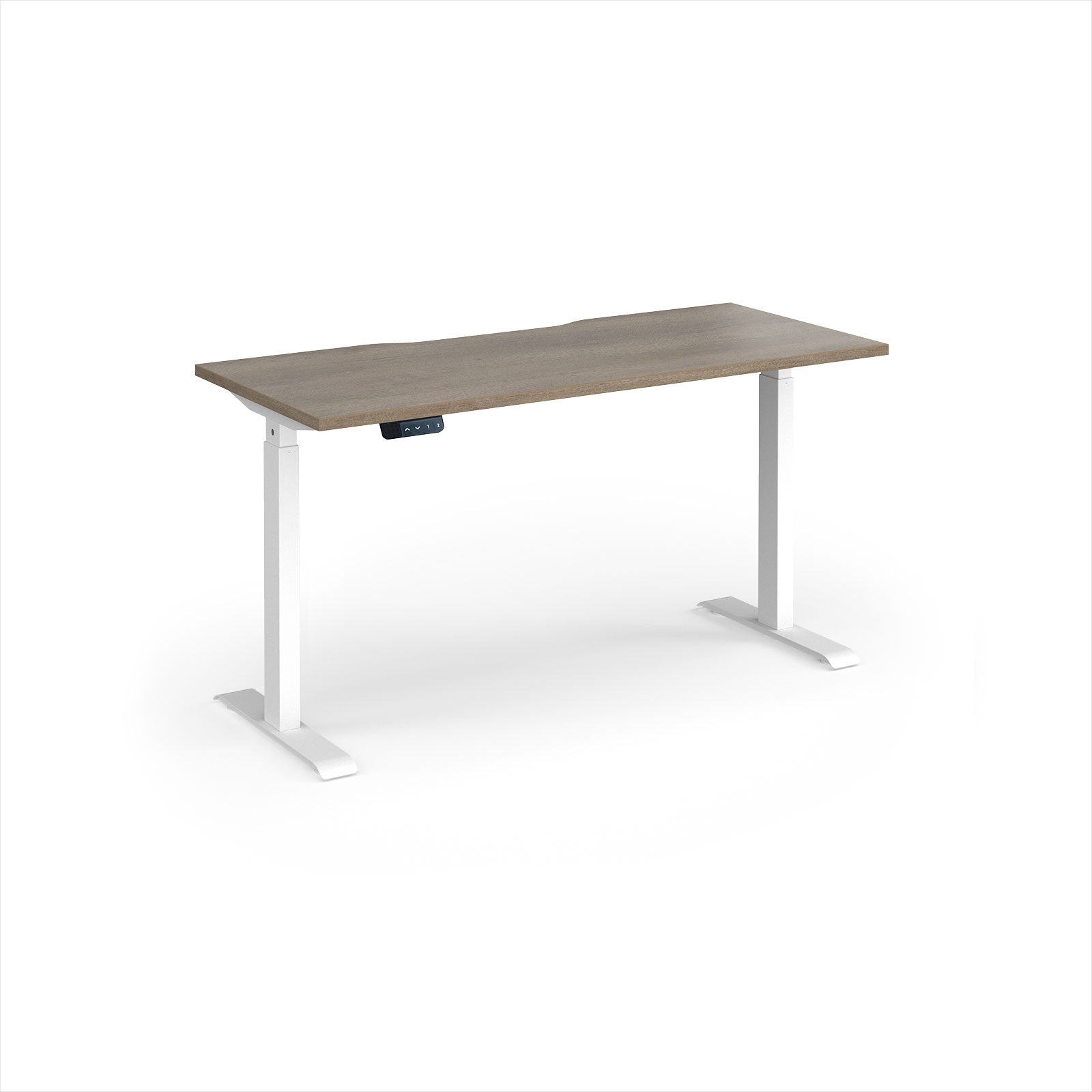 A modern height-adjustable desk with a grey wood-grain top and white metal legs, shown on a clean white background.