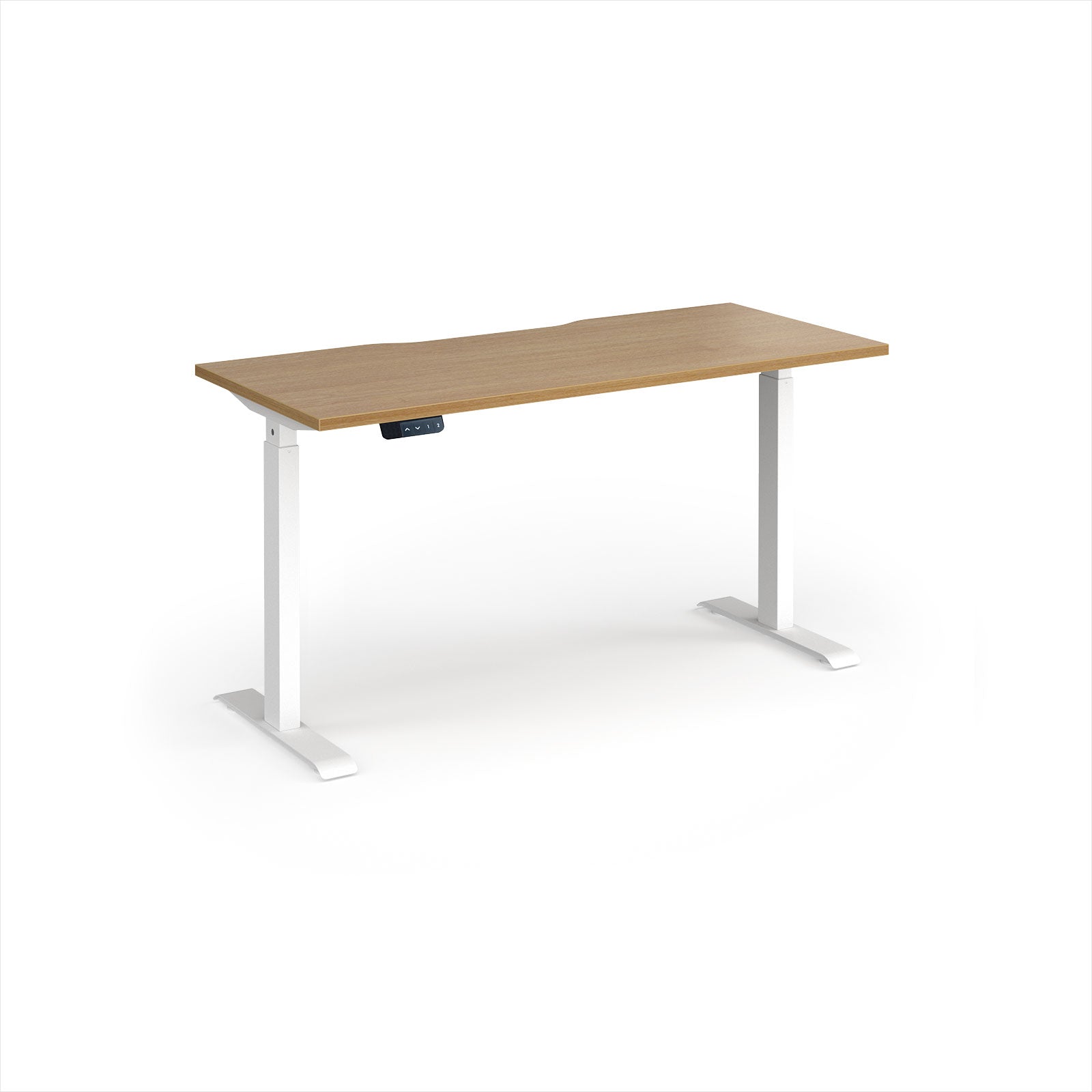 A modern height-adjustable desk with a light oak wood-grain top and white metal legs, shown on a clean white background.