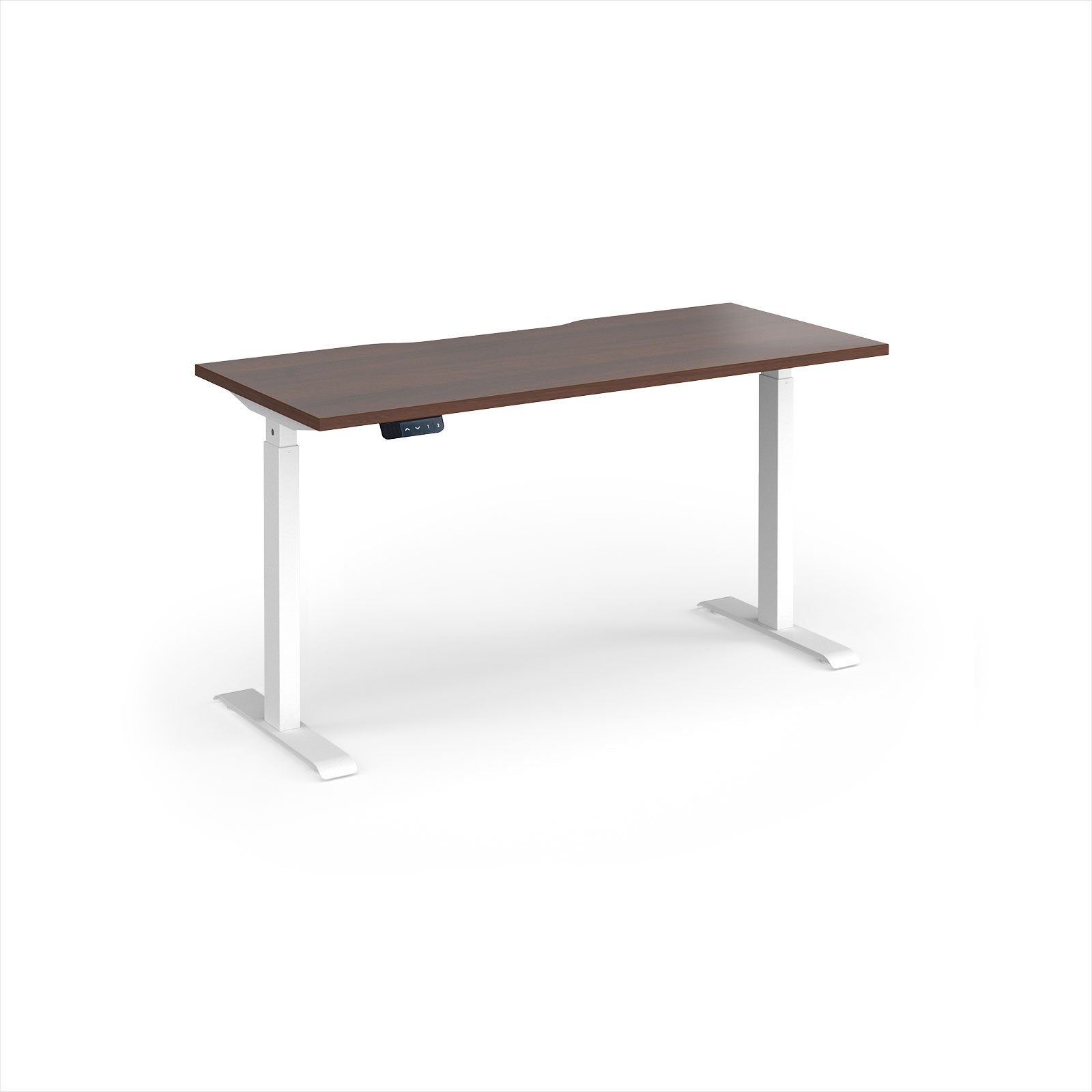 A modern height-adjustable desk with a dark brown wood-grain top and white metal legs, shown on a clean white background.