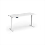 A white adjustable height standing desk with a rectangular top and T-style metal legs, shown on a clean white background.