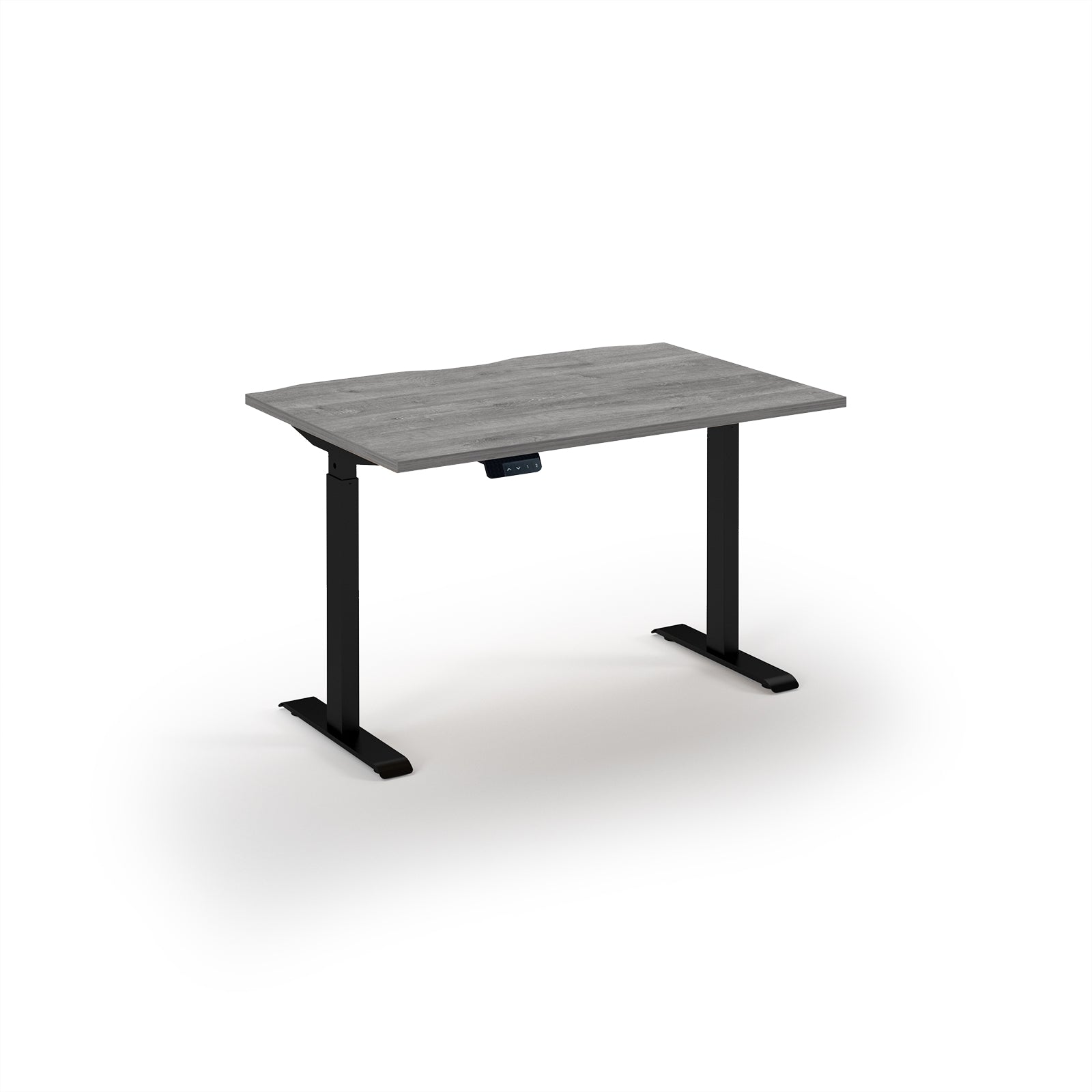 Rectangular desk with grey top and black legs on a white background