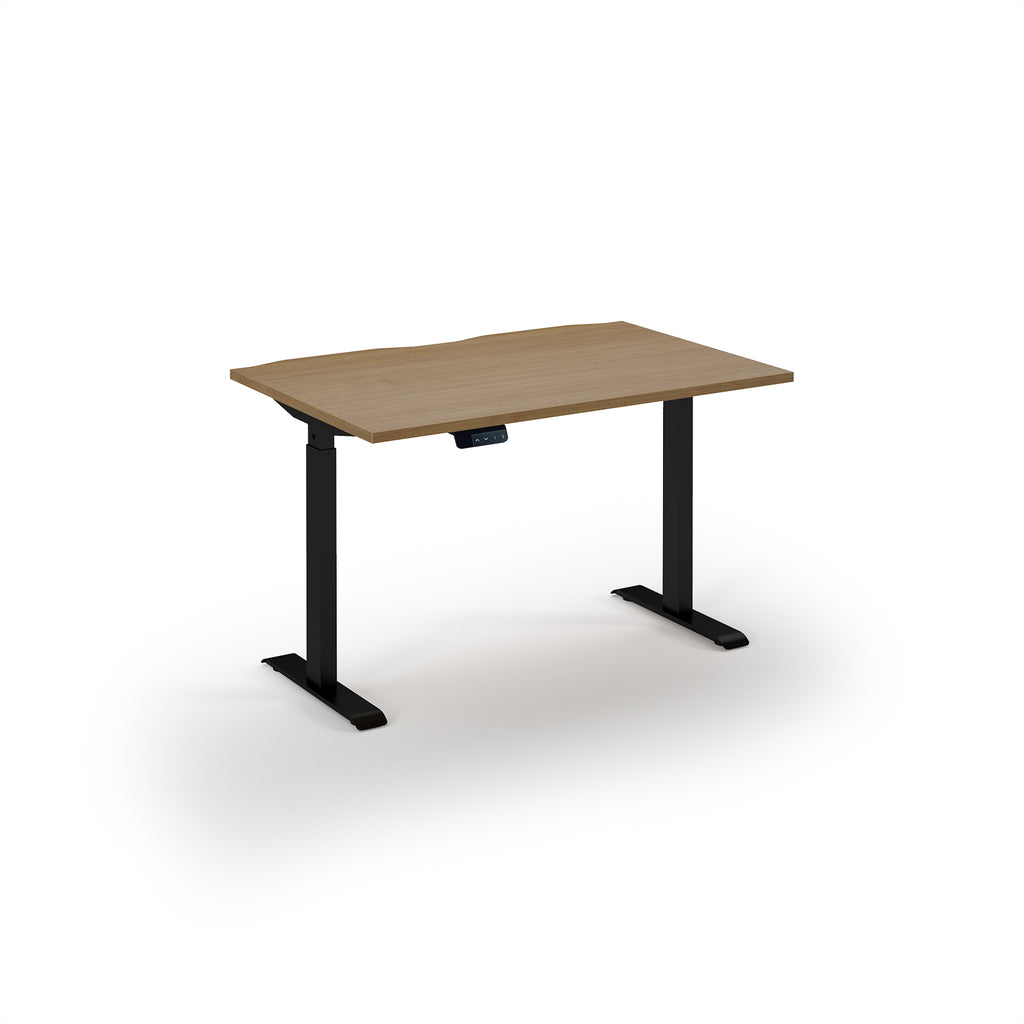 Wooden desk with black metal legs on a white background