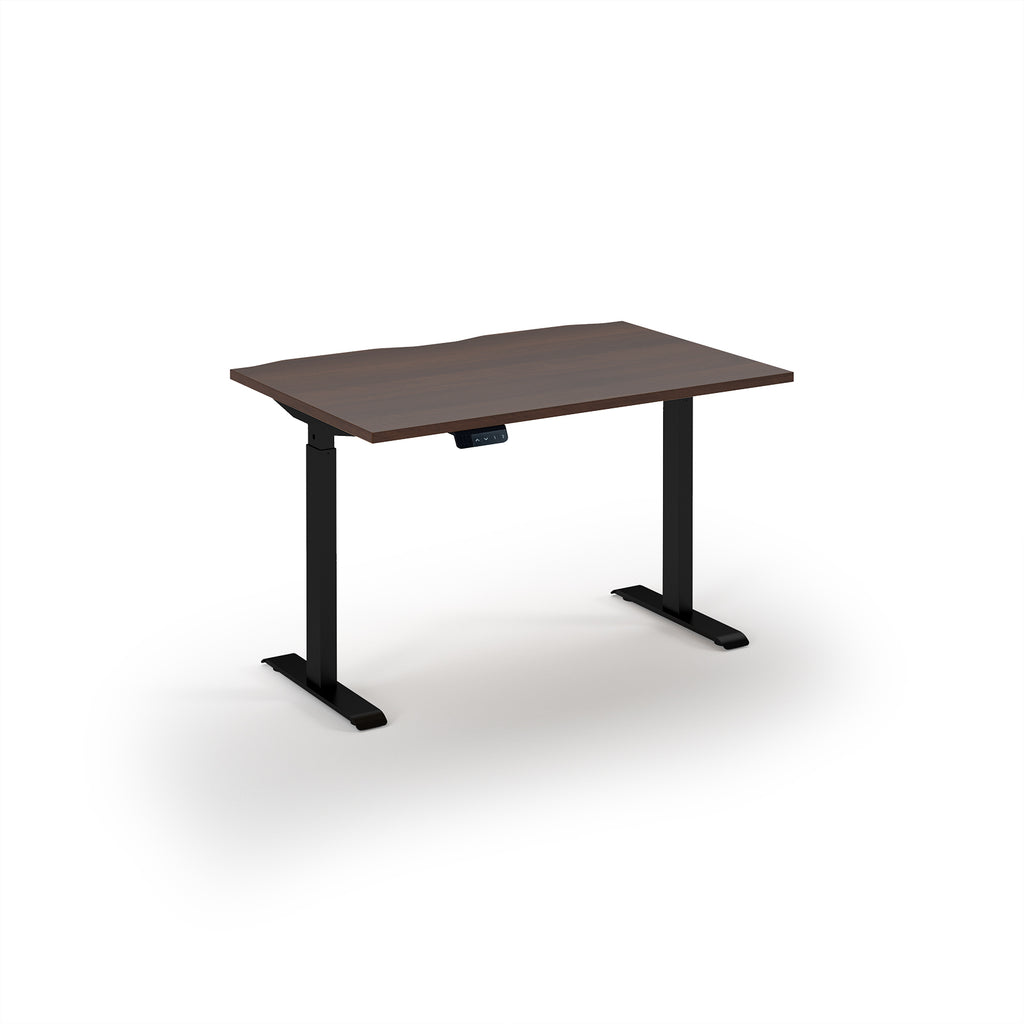 Desk with brown top and black legs on a white background