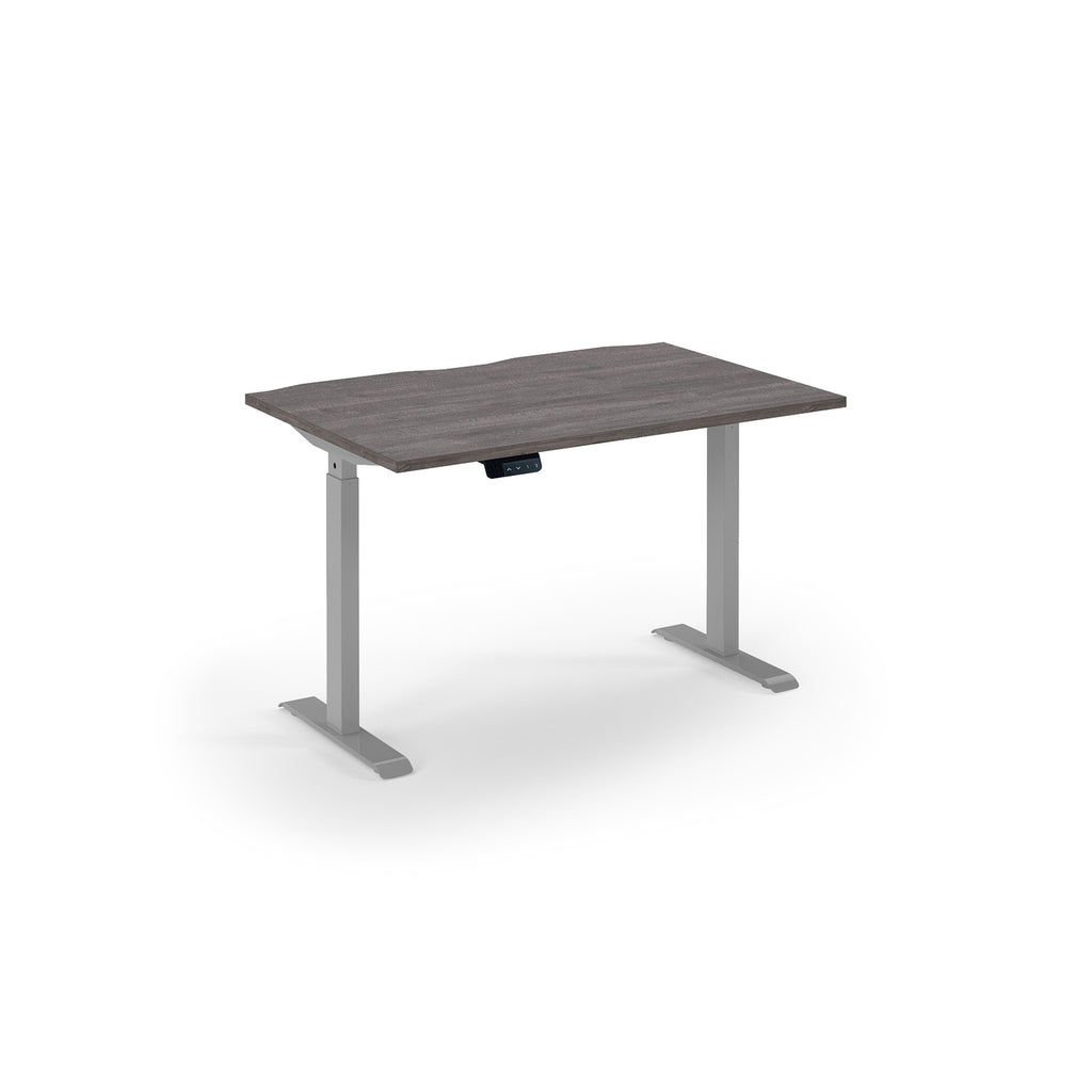 Desk with grey frame and dark brown top on a white background