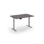 Desk with grey frame and dark brown top on a white background