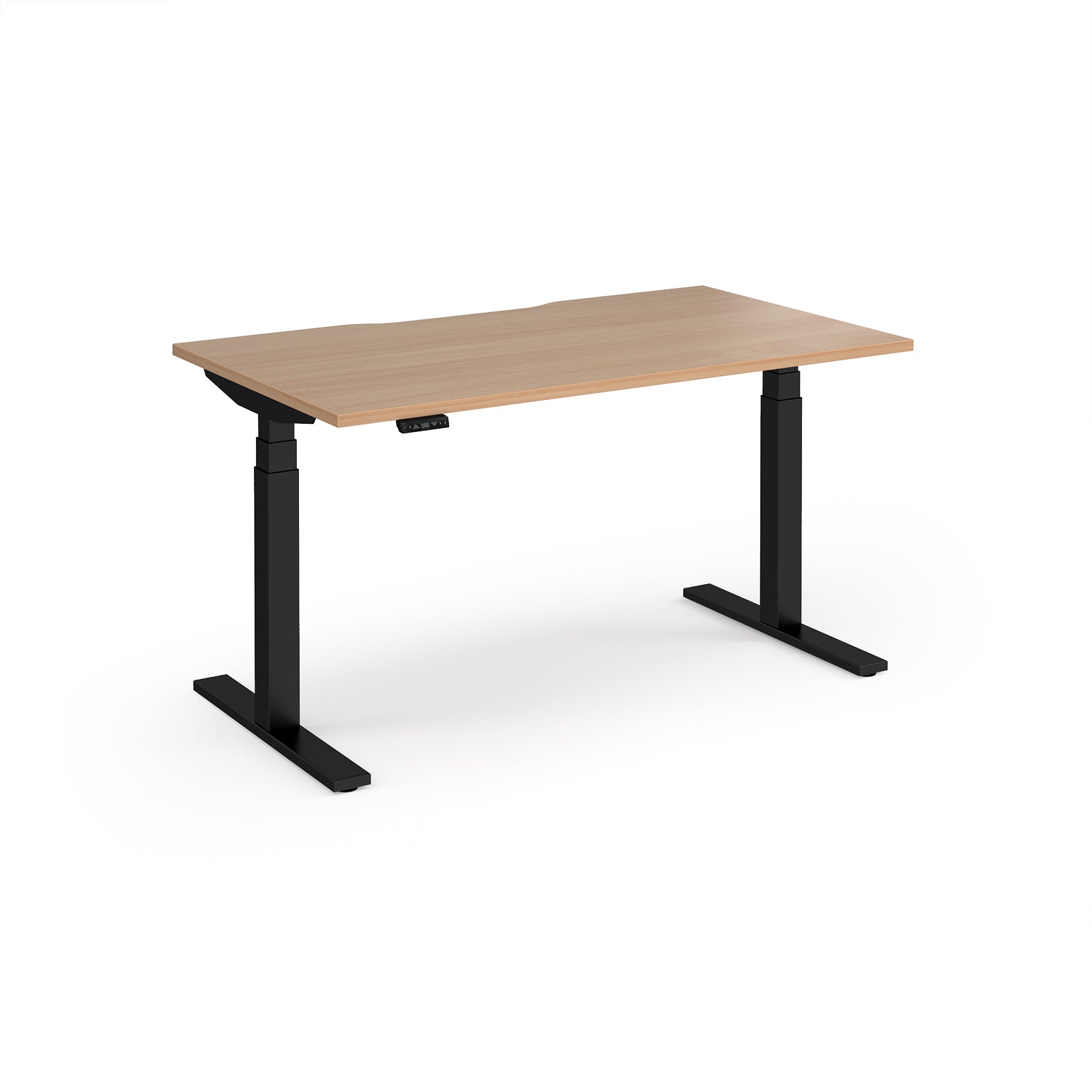 Sit-stand desk with wood-effect top and black legs on a white background