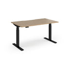 Sit-stand desk with wood-effect top and black legs on a white background