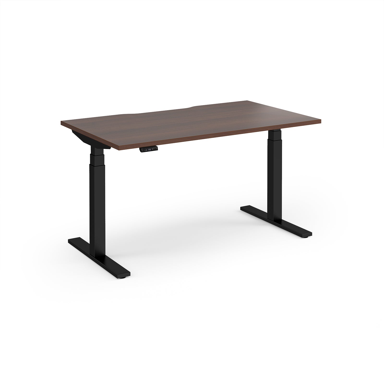 Sit-stand desk with wood-effect top and black legs on a white background