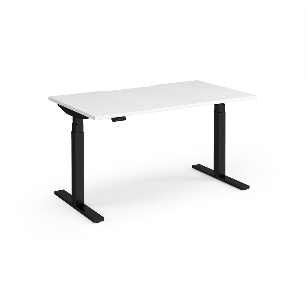 Sit-stand desk with white top and black legs on a white background