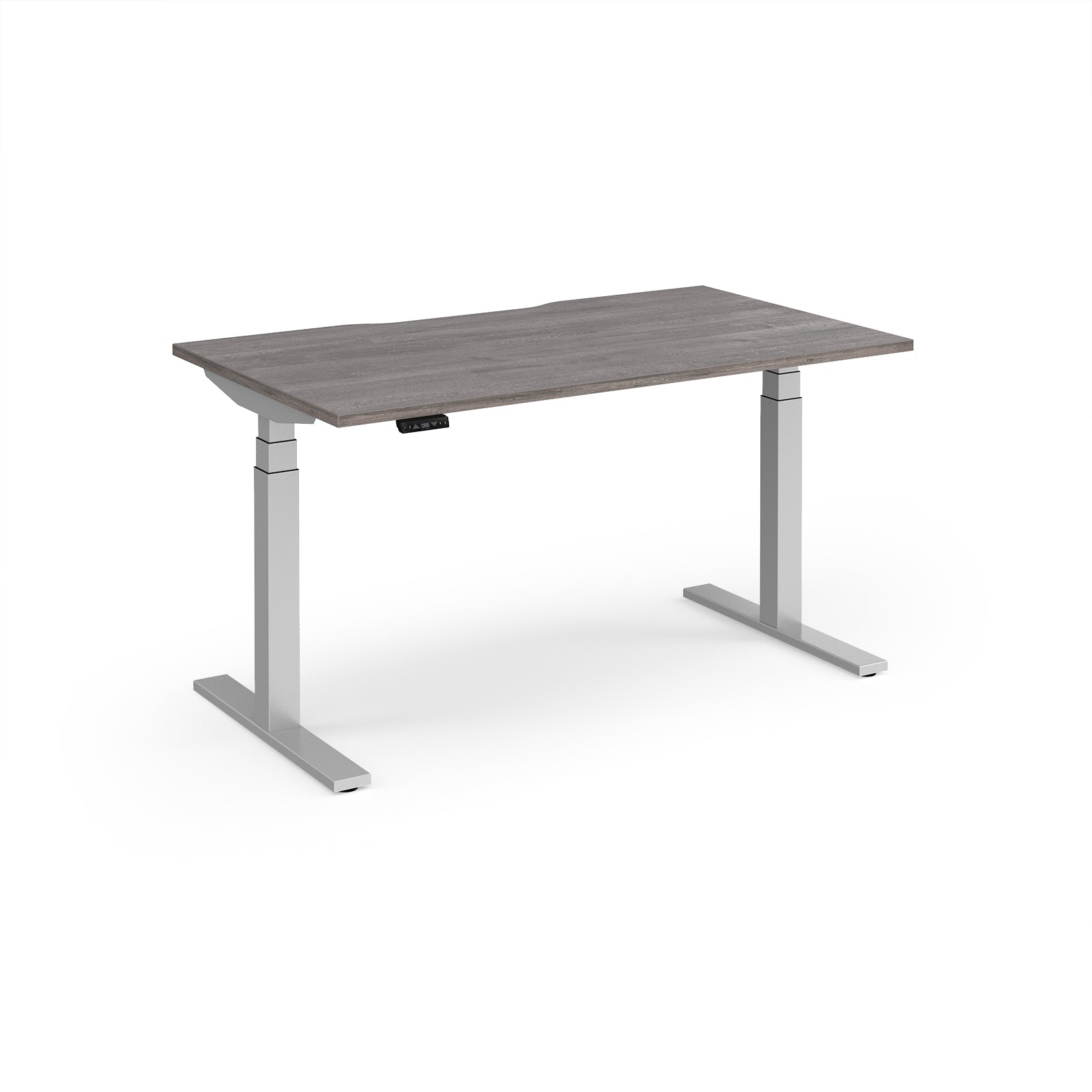Sit-stand desk with grey wood-effect top and silver legs on a white background