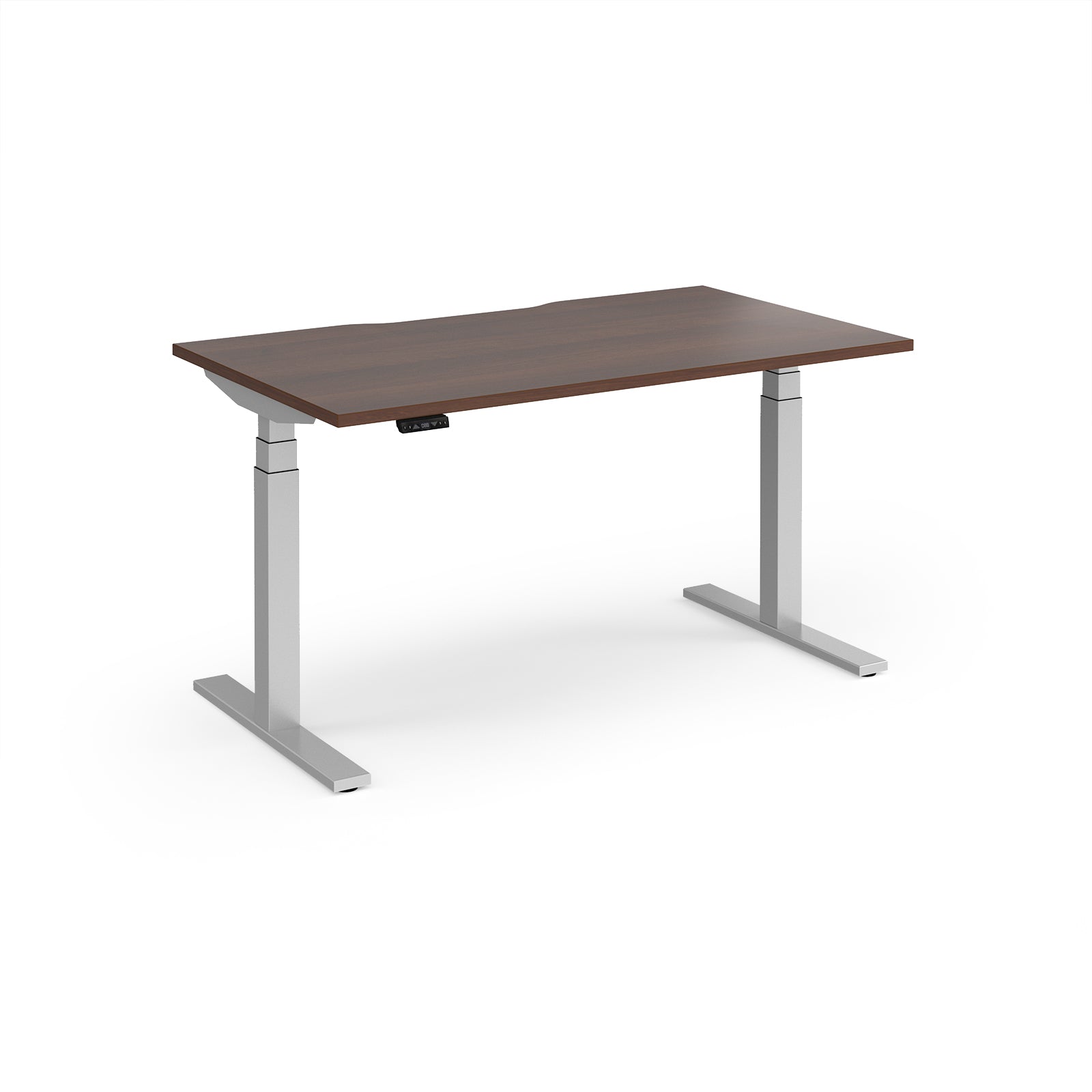 Sit-stand desk with wood-effect top and silver legs on a white background