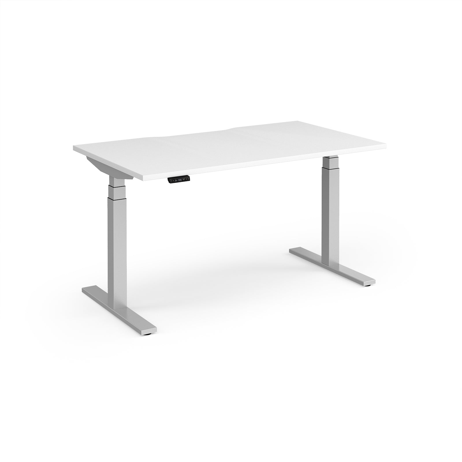 Sit-stand desk with white top and silver legs on a white background