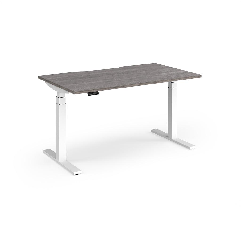 Sit-stand desk with grey wood-effect top and white legs on a white background