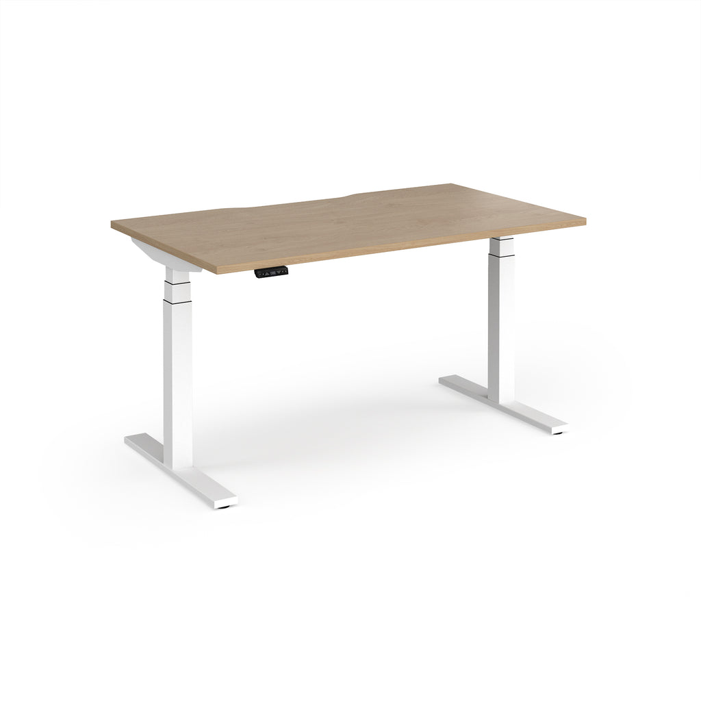 Sit-stand desk with wood-effect top and white legs on a white background