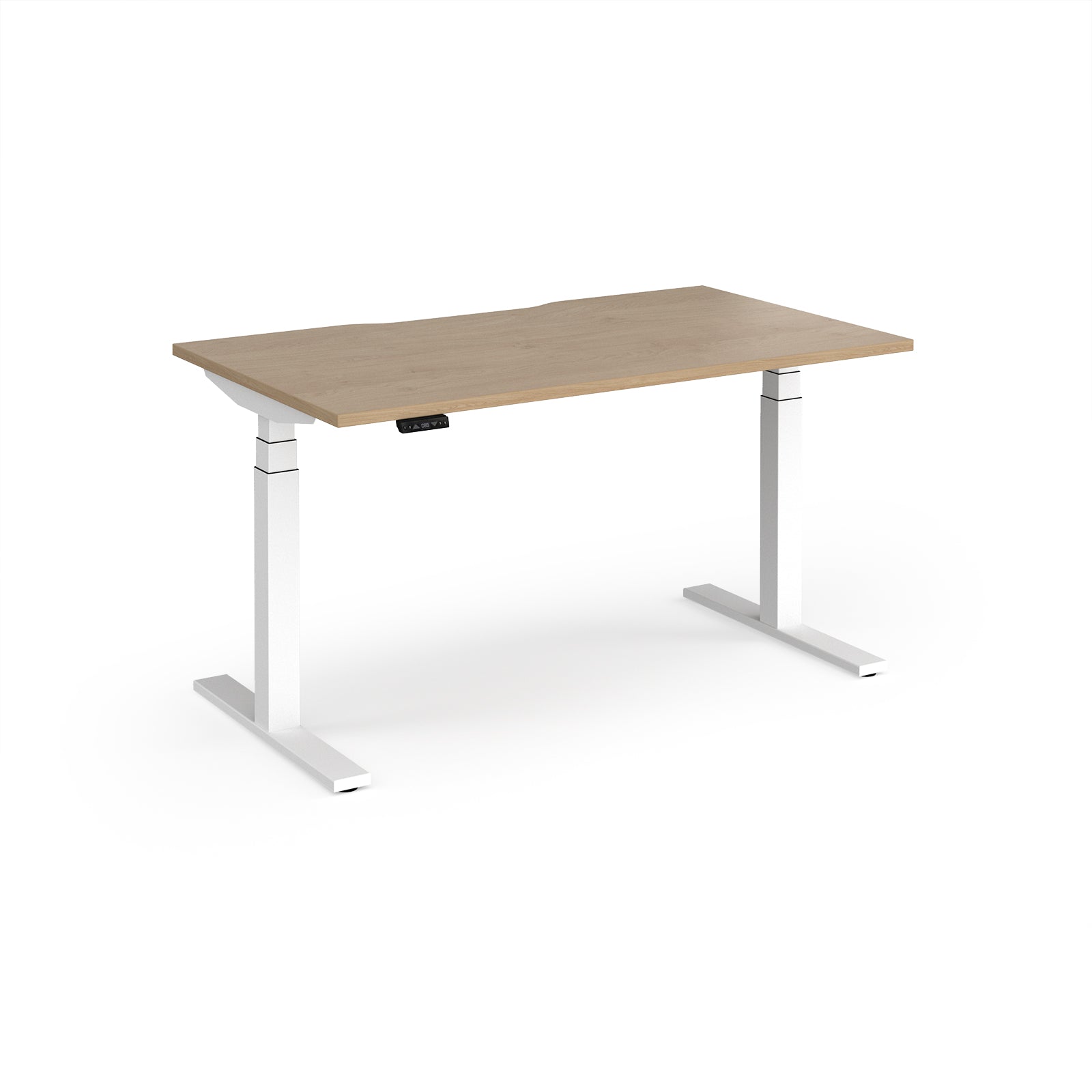 Sit-stand desk with wood-effect top and white legs on a white background