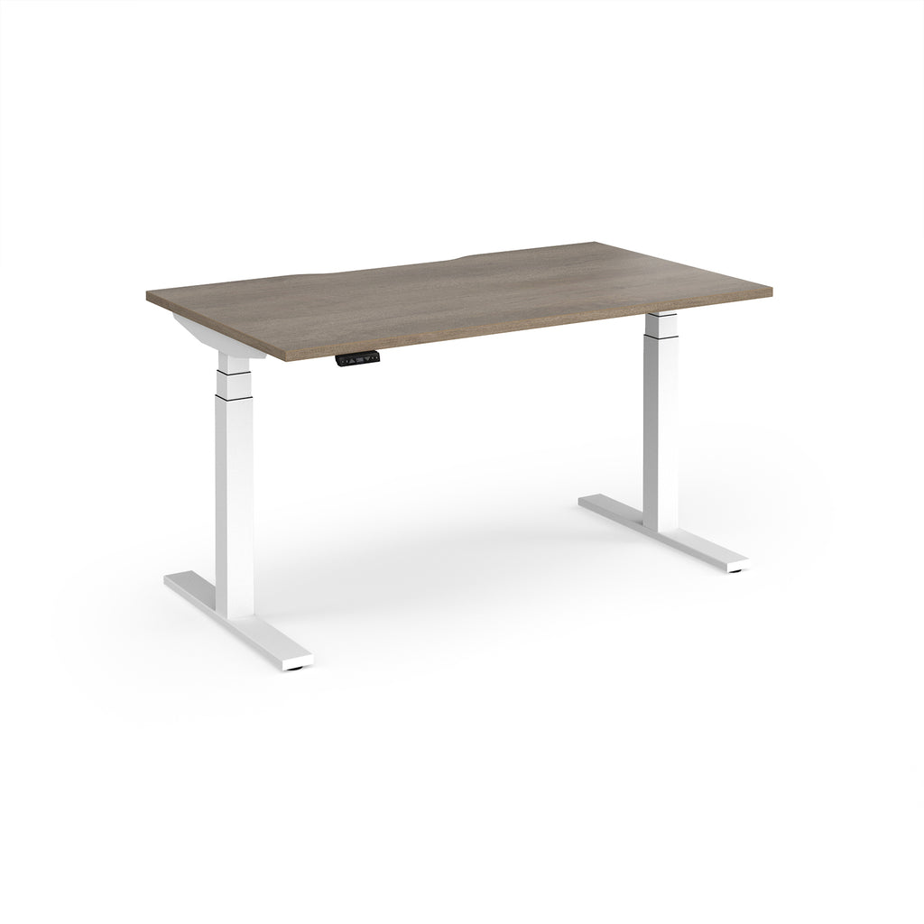 Sit-stand desk with wood-effect top and white legs on a white background