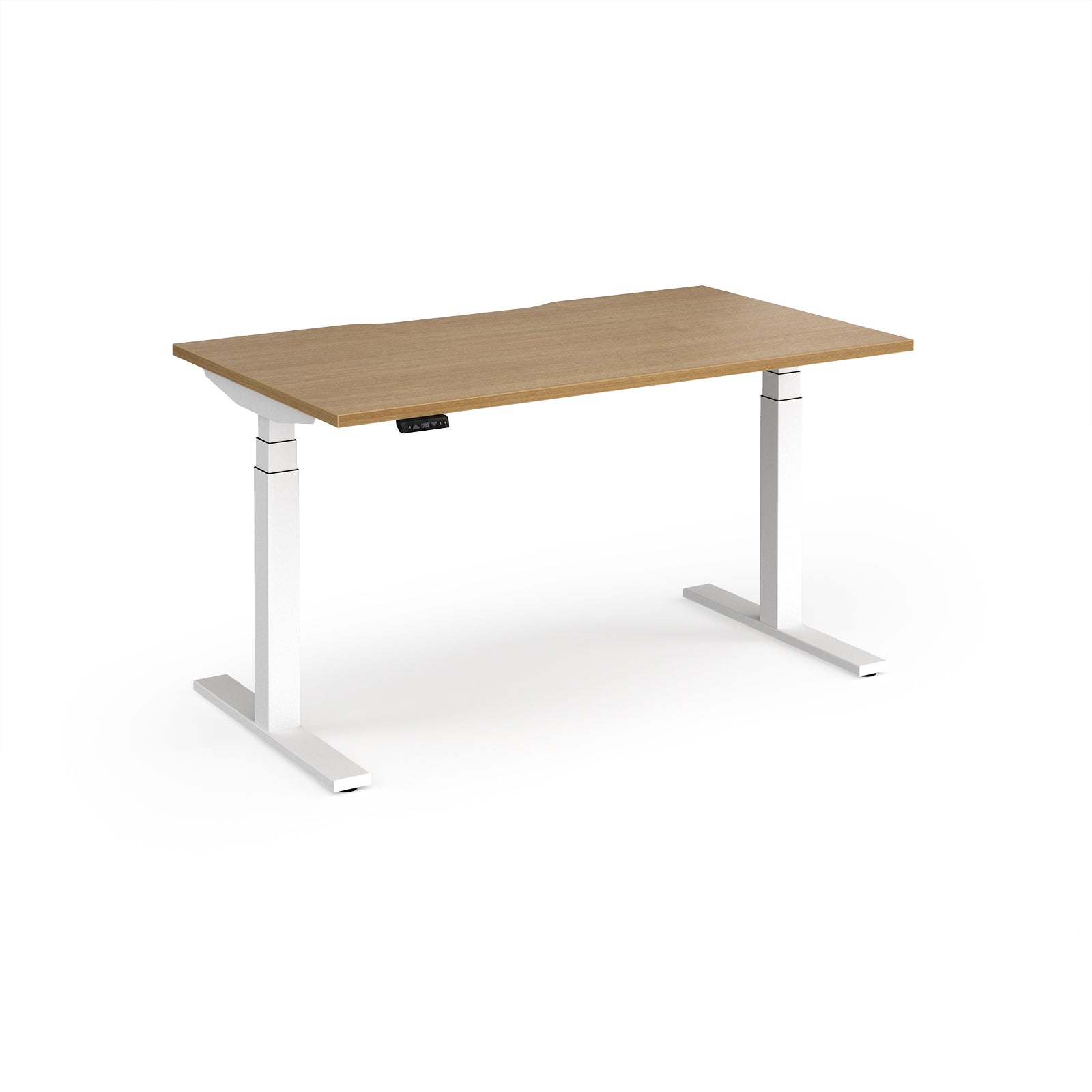 Sit-stand desk with wood-effect top and white legs on a white background