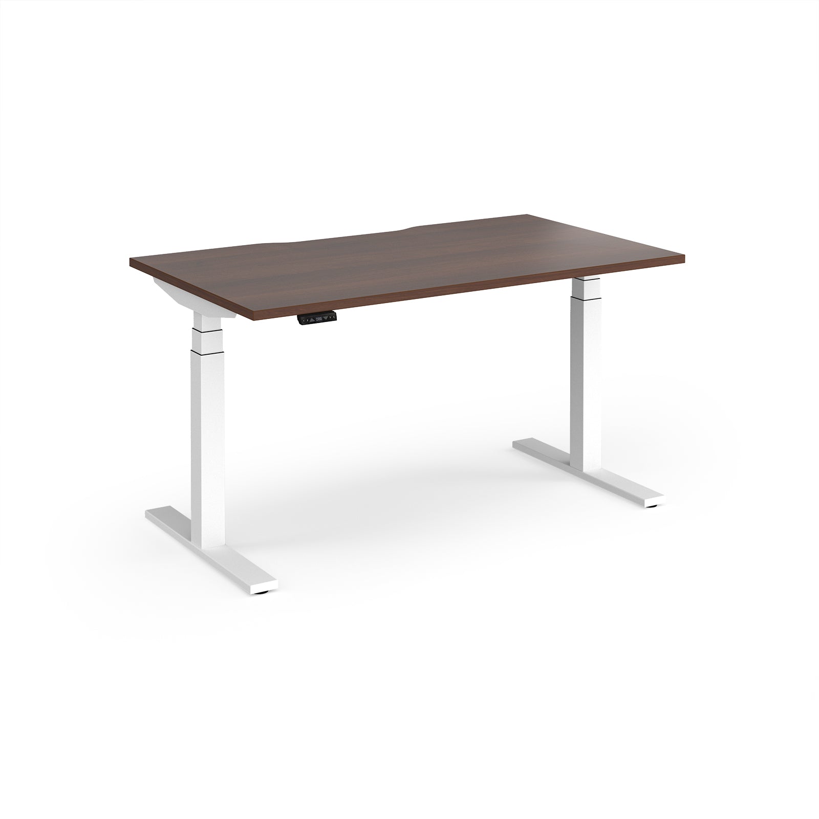 Sit-stand desk with wood-effect top and white legs on a white background