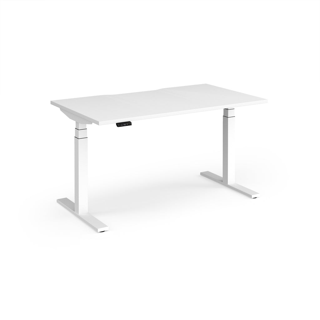 Sit-stand desk with white top and legs on a white background