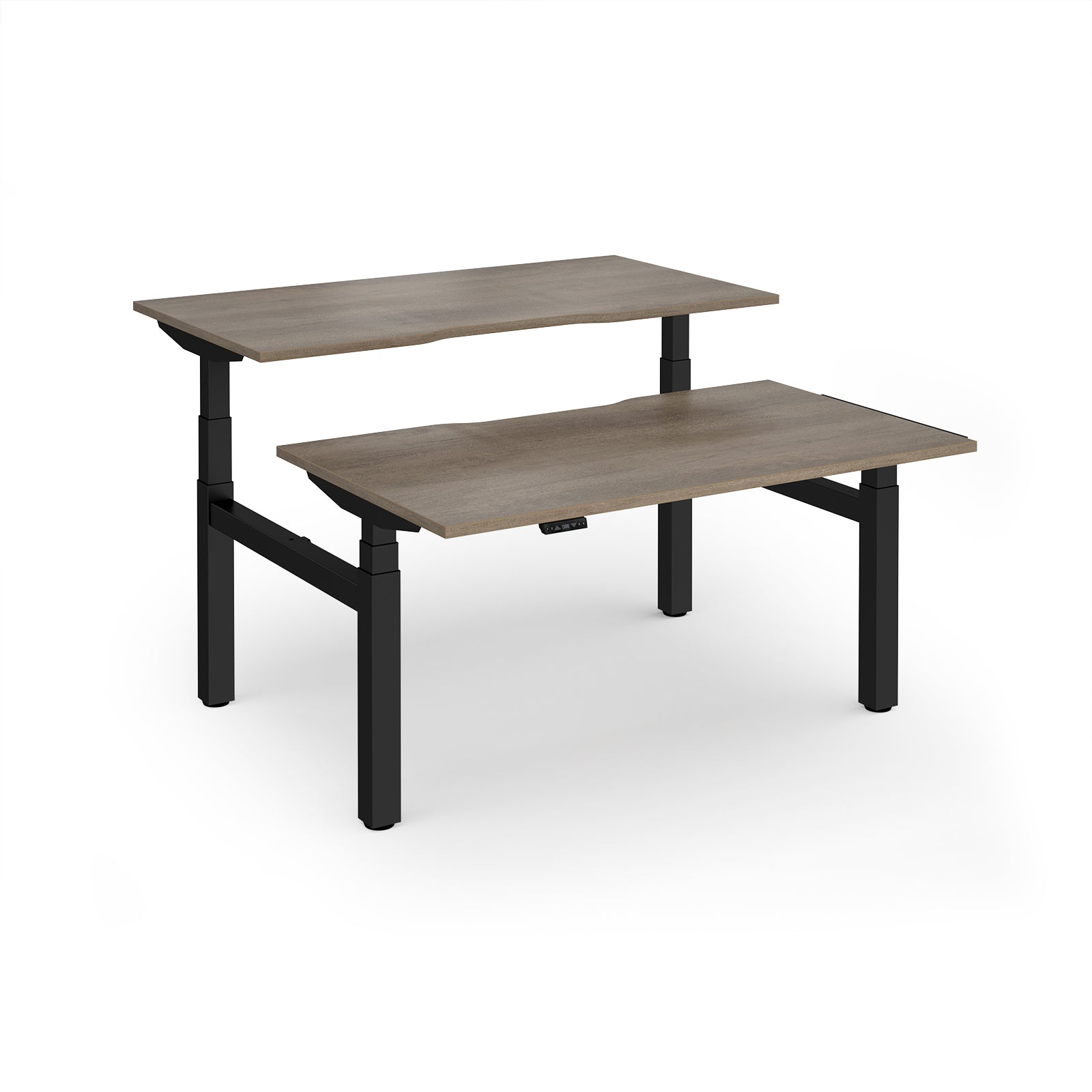 Two back-to-back height adjustable desks with shared black metal frame and wood-effect tops on a white background