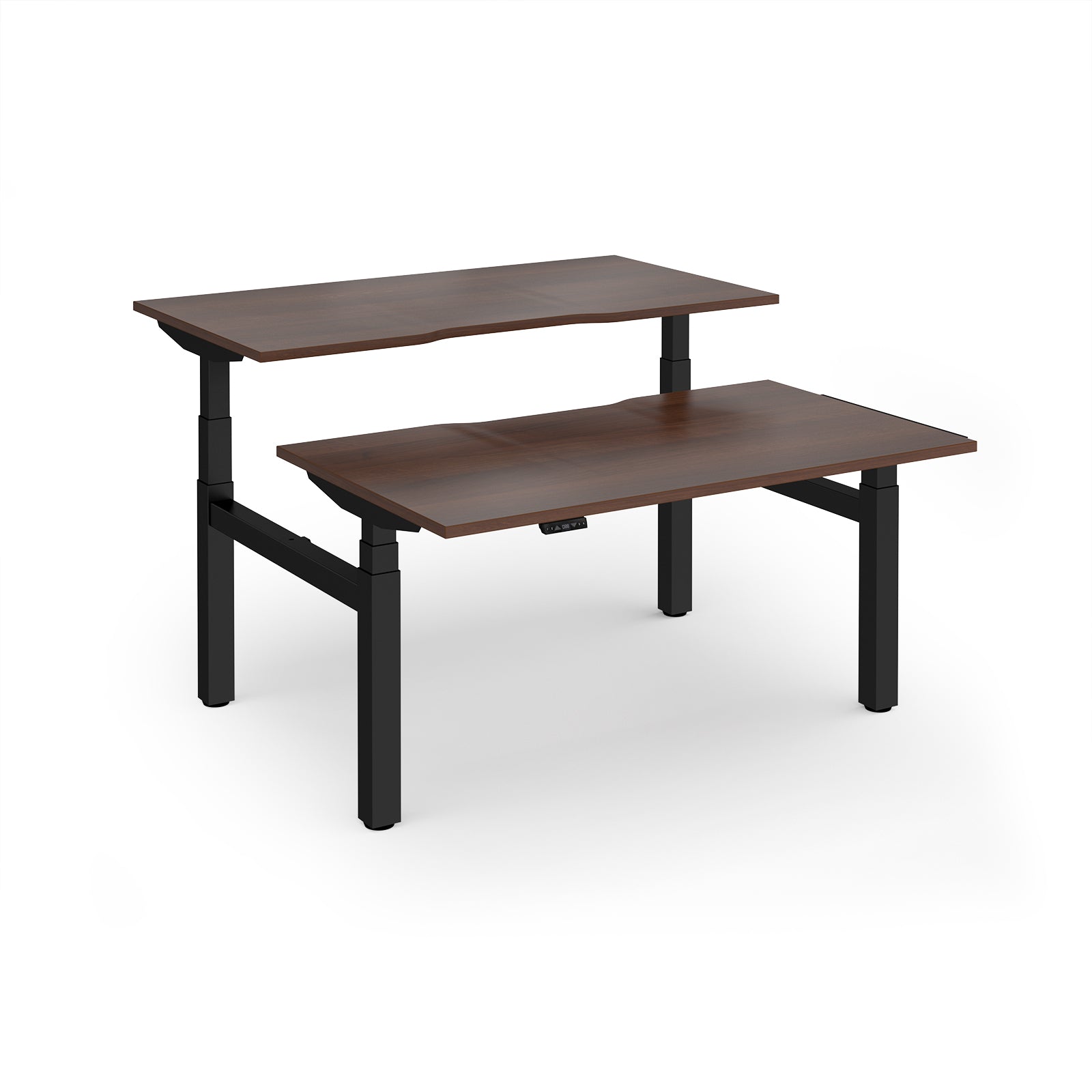 Two back-to-back height adjustable desks with shared black metal frame and wood-effect tops on a white background