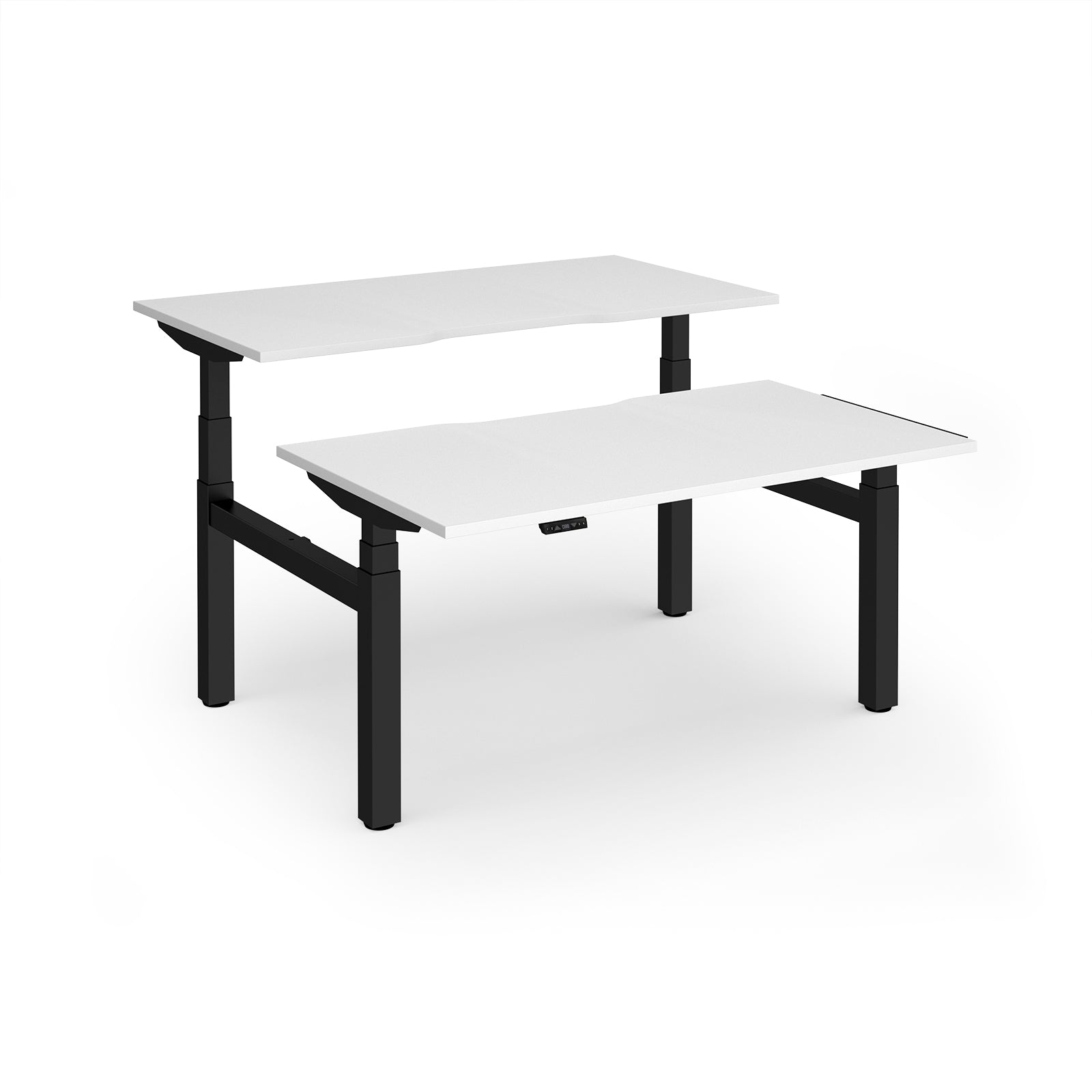 Two back-to-back height adjustable desks with shared black metal frame and white tops on a white background