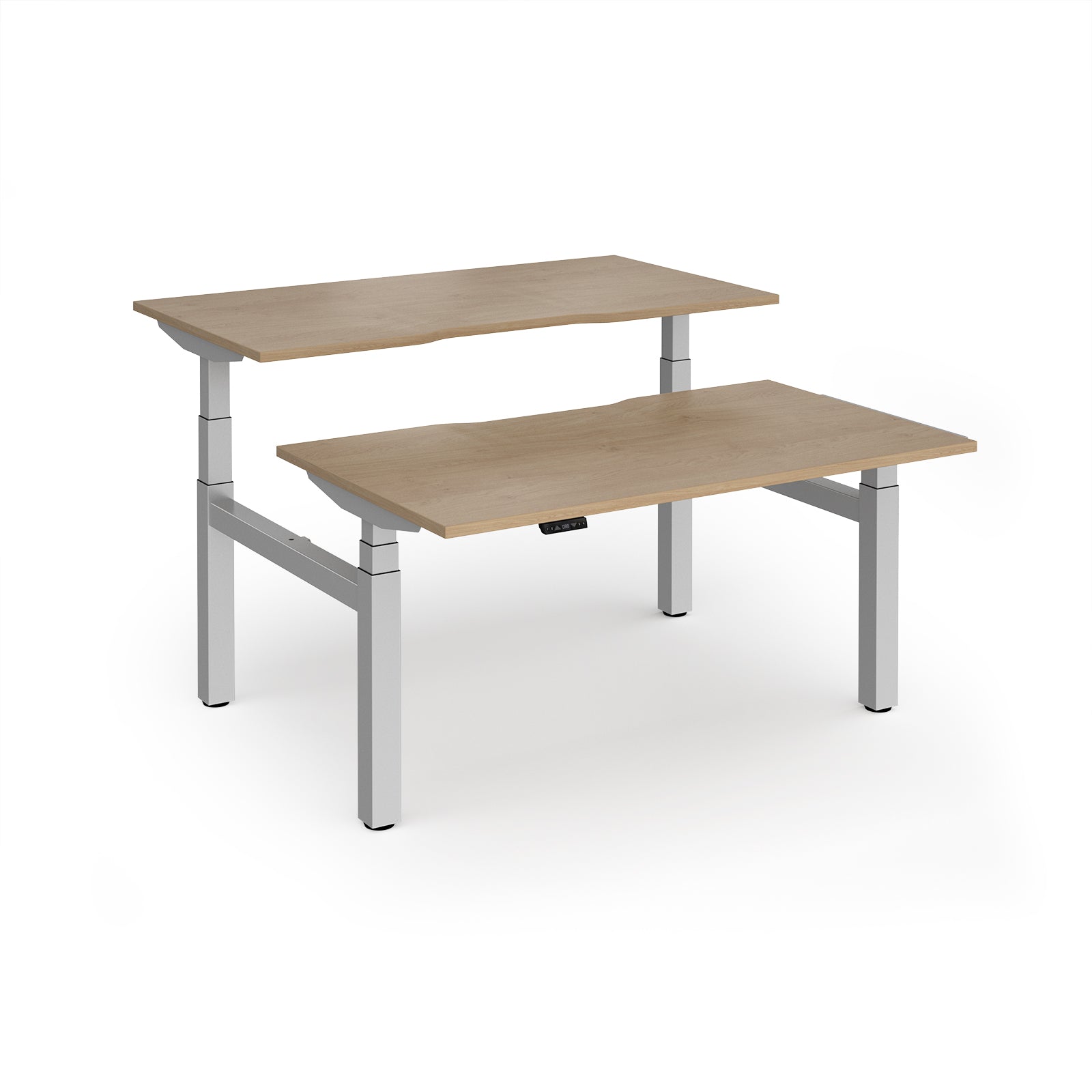 Two back-to-back height adjustable desks with shared silver metal frame and wood-effect tops on a white background