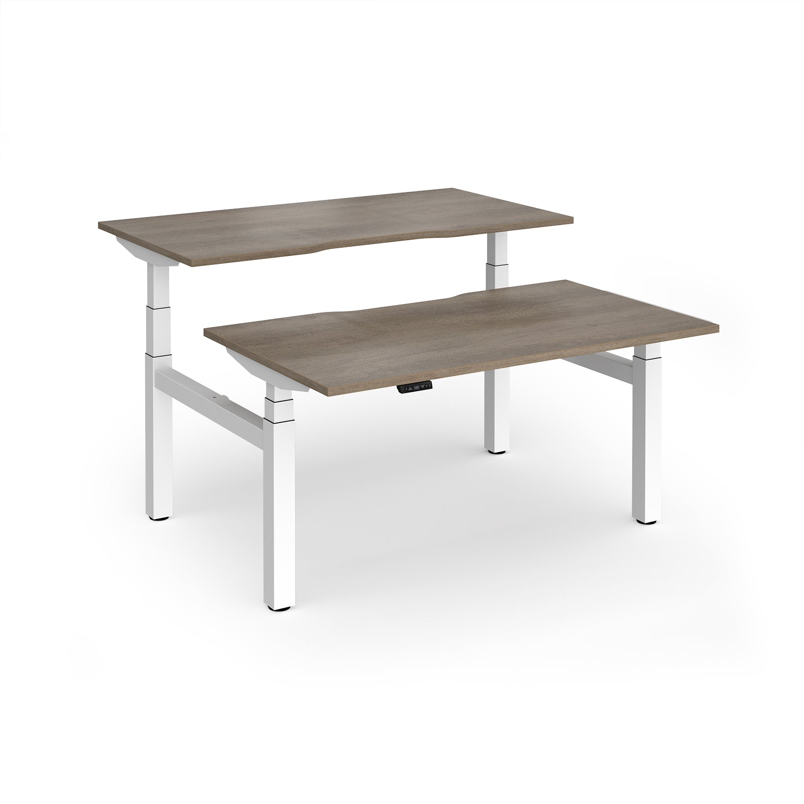 Two back-to-back height adjustable desks with shared white metal frame and wood-effect tops on a white background