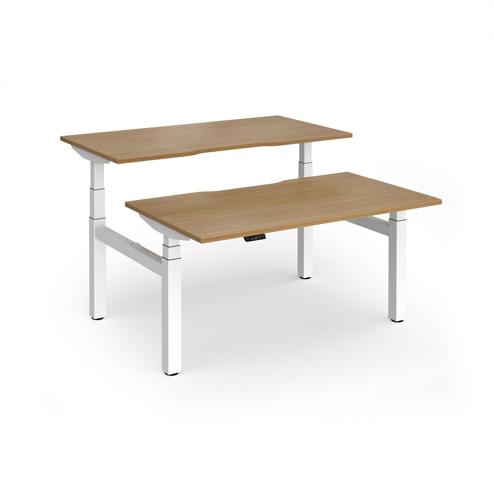 Two back-to-back height adjustable desks with shared white metal frame and wood-effect tops on a white background