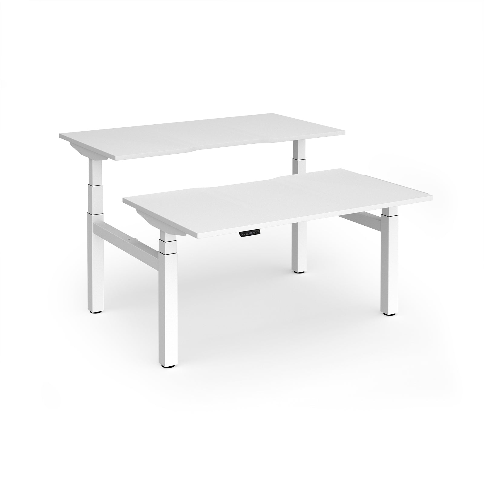Two white back-to-back height adjustable desks with shared metal frame on a white background