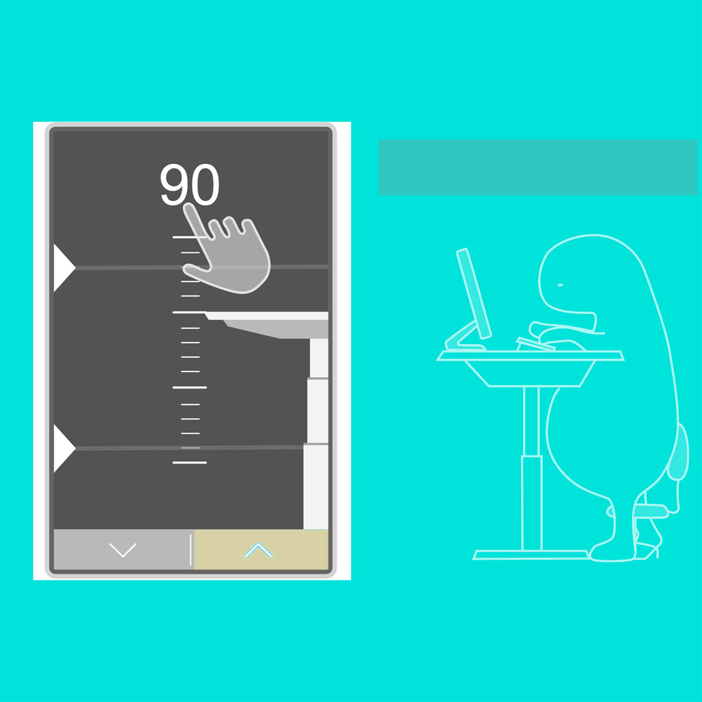 A digital graphic showing a smartphone screen mockup on the left with a hand icon and measurement markings, alongside a minimalist line drawing of a seated figure on the right, all on a bright aqua background.
