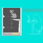 A digital graphic showing a smartphone screen mockup on the left with a hand icon and measurement markings, alongside a minimalist line drawing of a seated figure on the right, all on a bright aqua background.