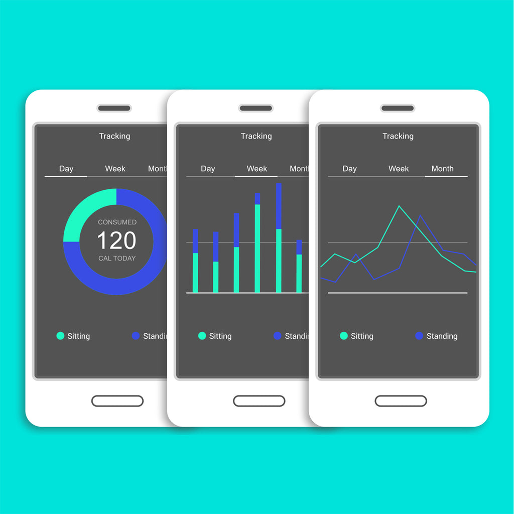 Three white smartphone mockups on a bright aqua background, each showing a fitness tracking dashboard with charts and graphs in blue and green.