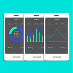 Three white smartphone mockups on a bright aqua background, each showing a fitness tracking dashboard with charts and graphs in blue and green.