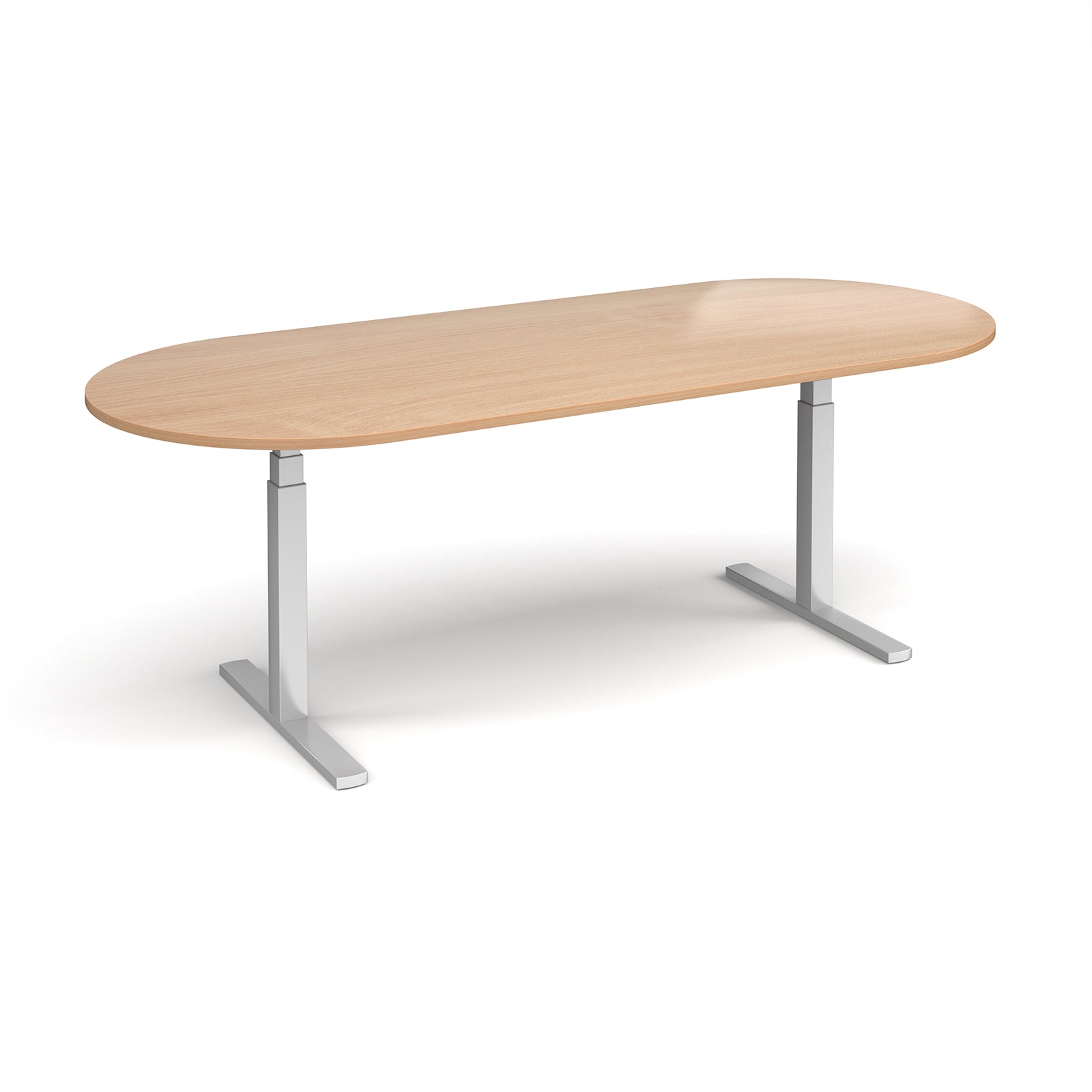 Oval height adjustable table with wood-effect top and silver metal frame on a white background