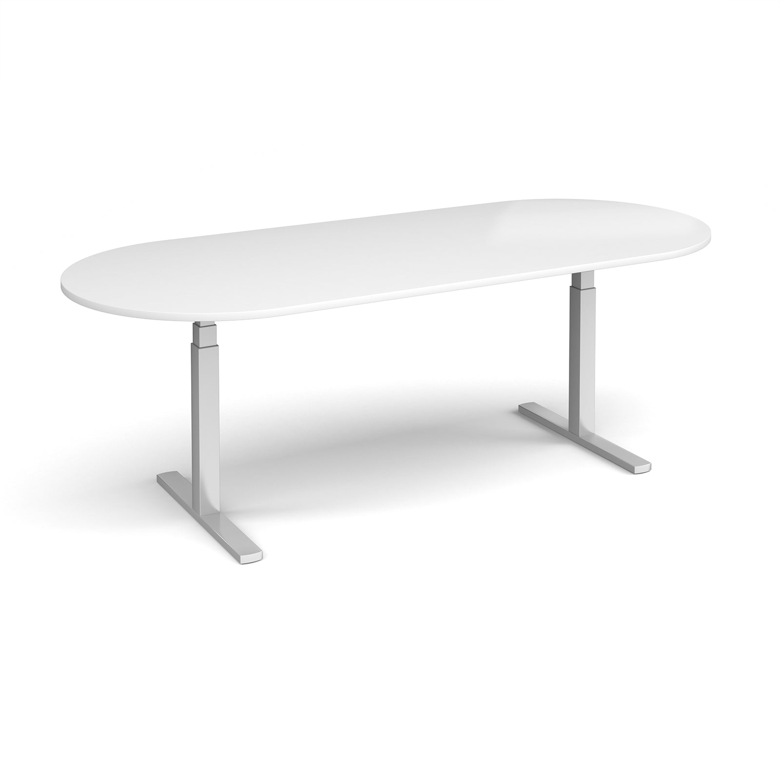 Oval height adjustable table with white top and silver metal frame on a white background