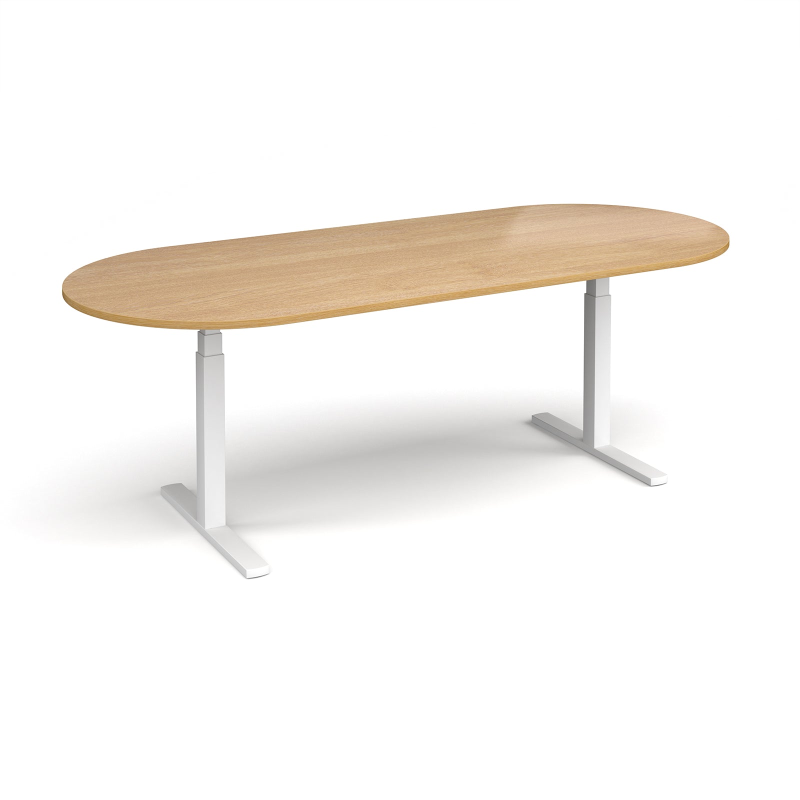Oval height adjustable table with wood-effect top and white metal frame on a white background