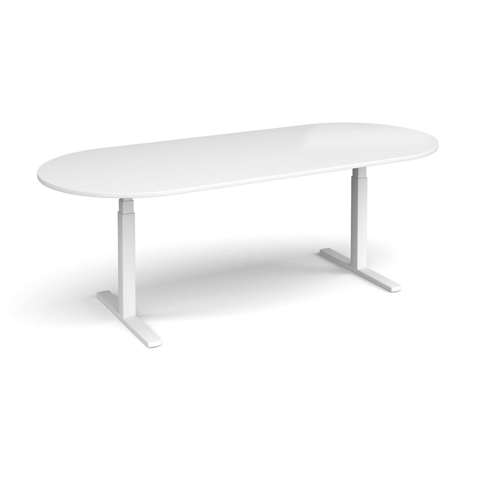 White oval height adjustable table with metal frame on a white background