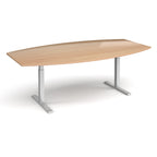 An adjustable height conference table with a light oak wood grain top and silver metal pedestal legs, shown on a clean white background.