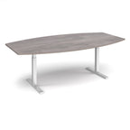 An adjustable height conference table with a grey wood grain top and silver metal pedestal legs, shown on a clean white background.