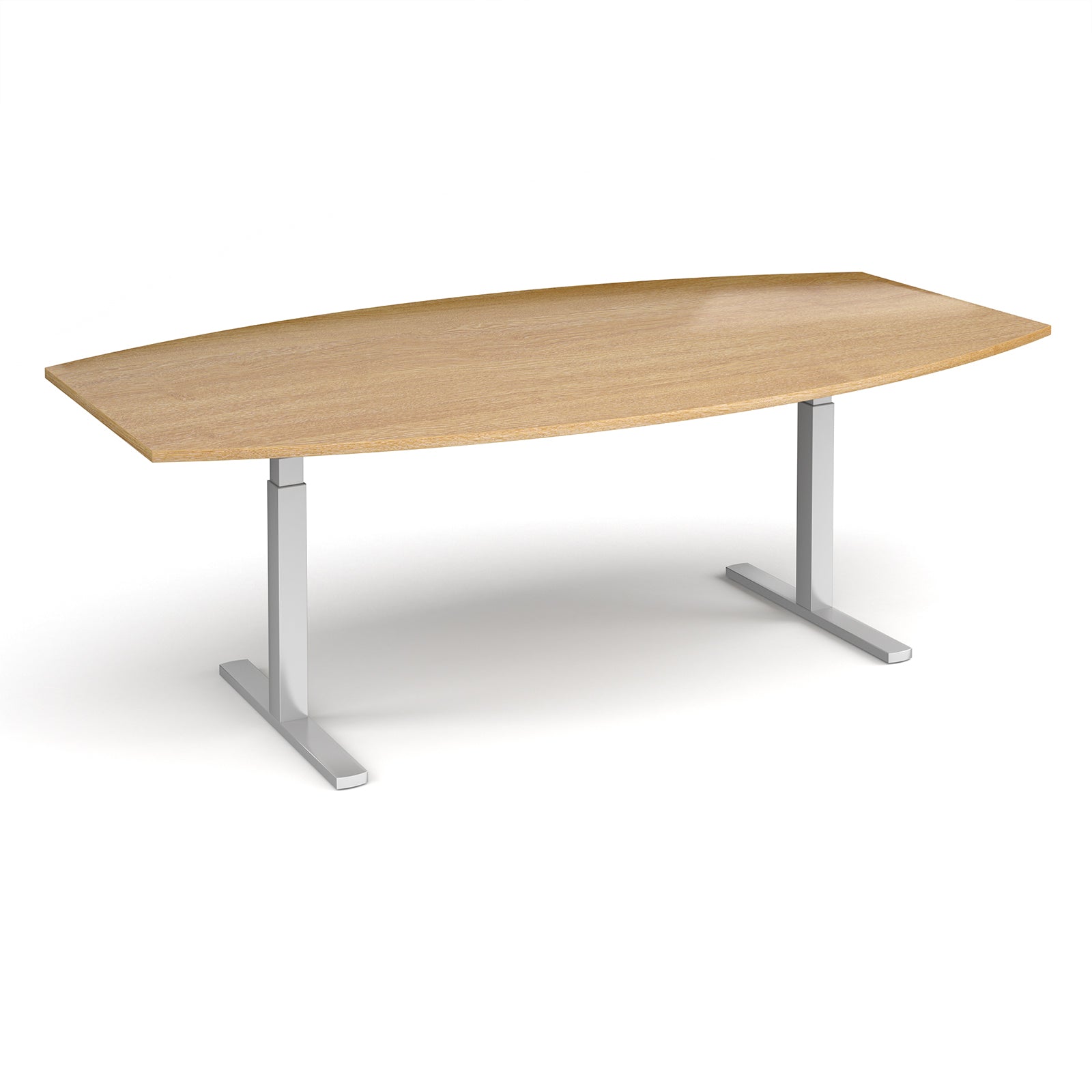 An adjustable height conference table with a light oak wood grain top and silver metal pedestal legs, shown on a clean white background.