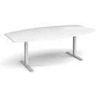 An adjustable height conference table with a white top and silver metal pedestal legs, shown on a clean white background.