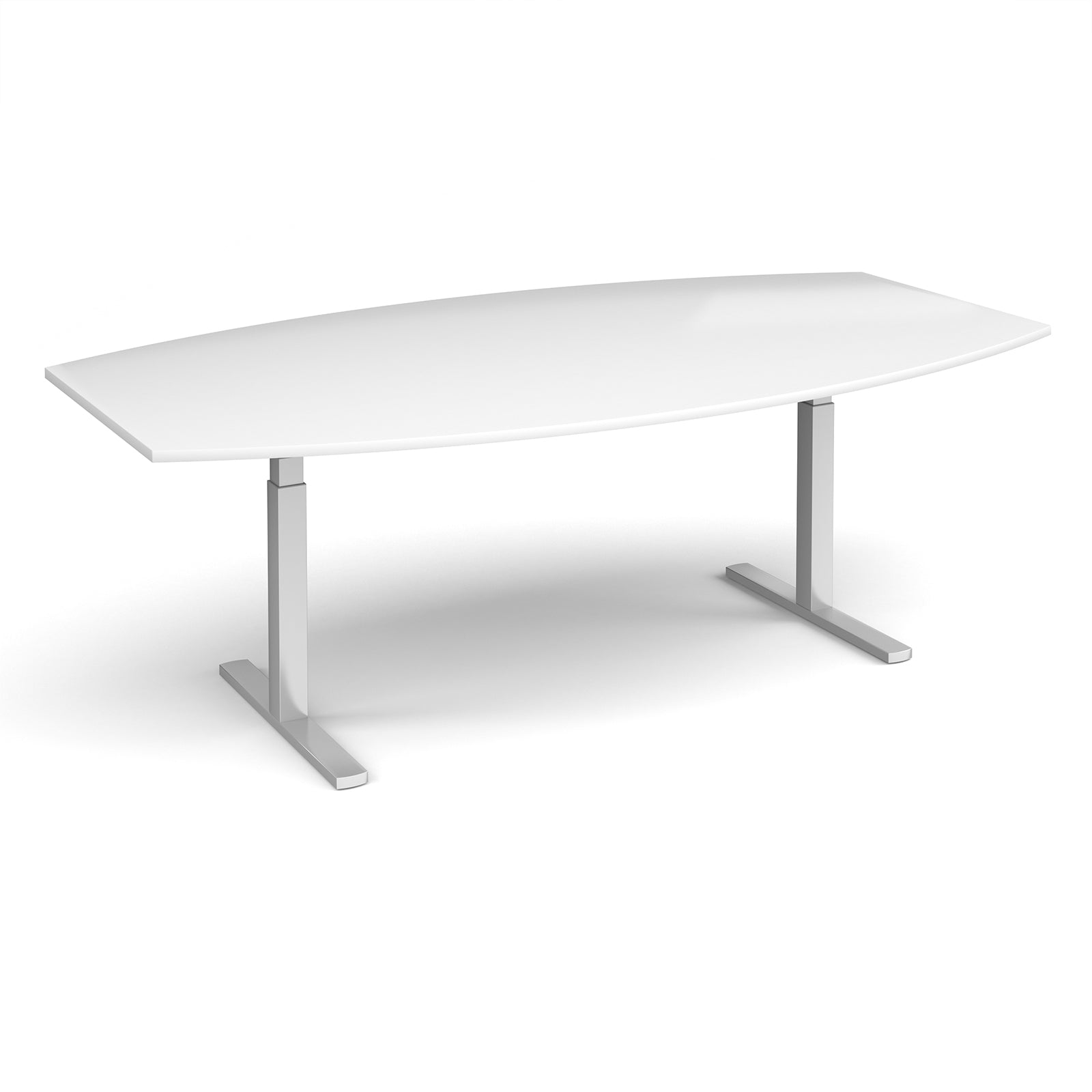 An adjustable height conference table with a white top and silver metal pedestal legs, shown on a clean white background.
