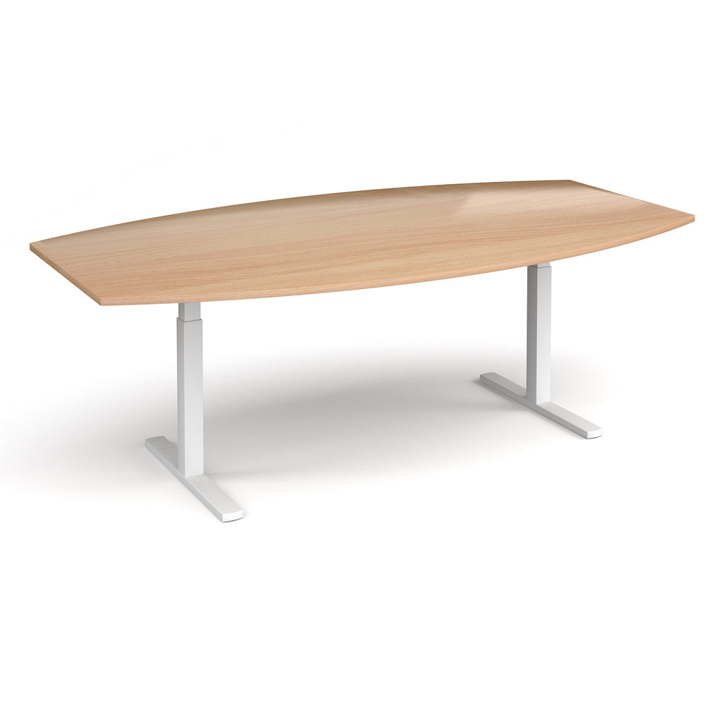 An adjustable height conference table with a light beech wood grain top and white metal pedestal legs, shown on a clean white background.
