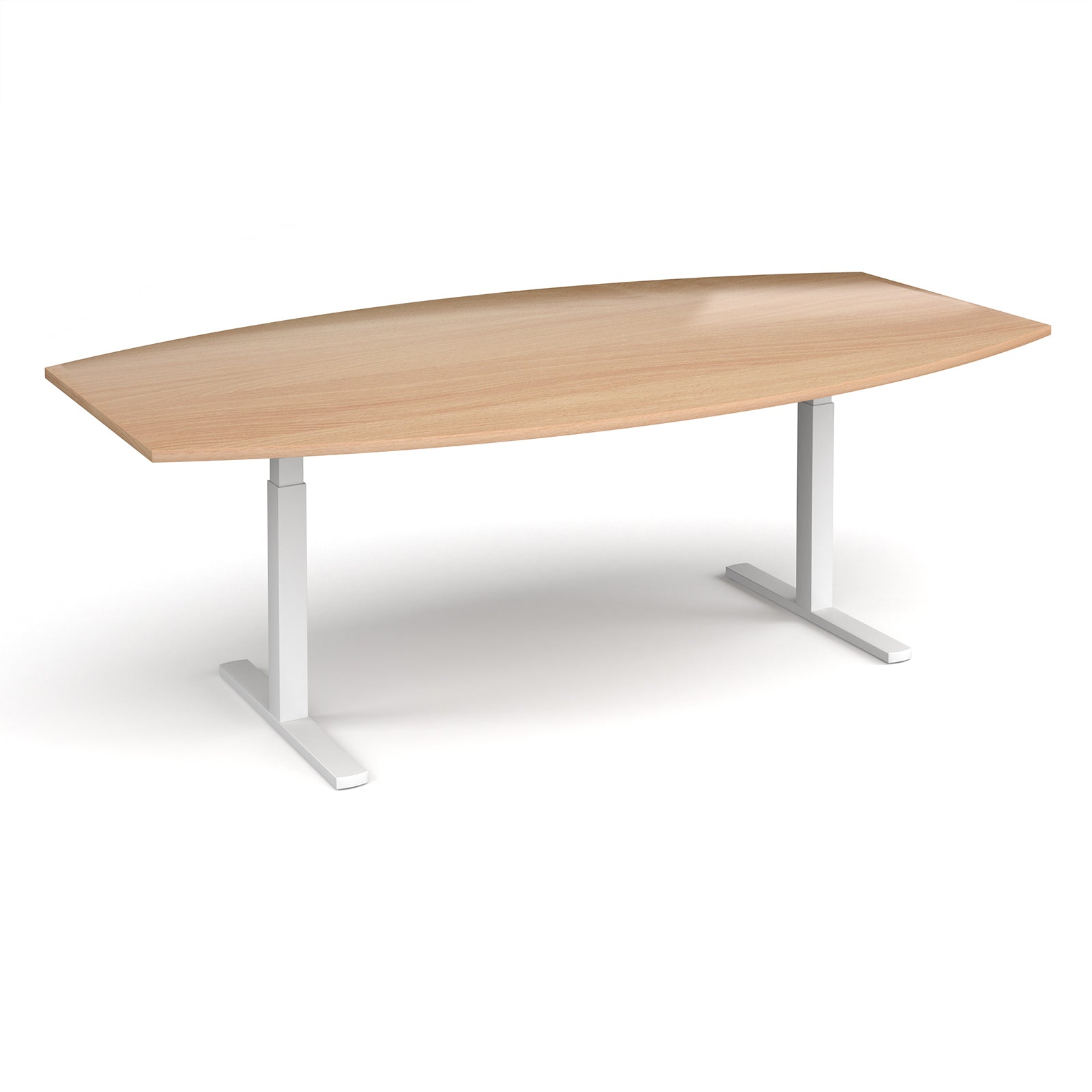 An adjustable height conference table with a light beech wood grain top and white metal pedestal legs, shown on a clean white background.