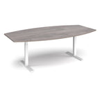 An adjustable height conference table with a grey wood grain top and white metal pedestal legs, shown on a clean white background.
